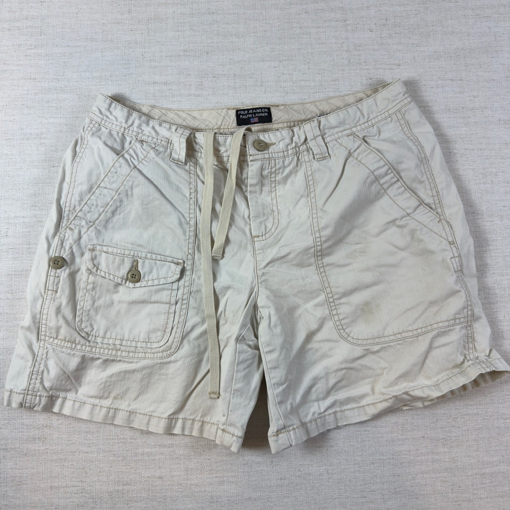 Polo Jeans Co Ralph Lauren Cream Beige Cotton Cargo Shorts Womens 12 Drawstring